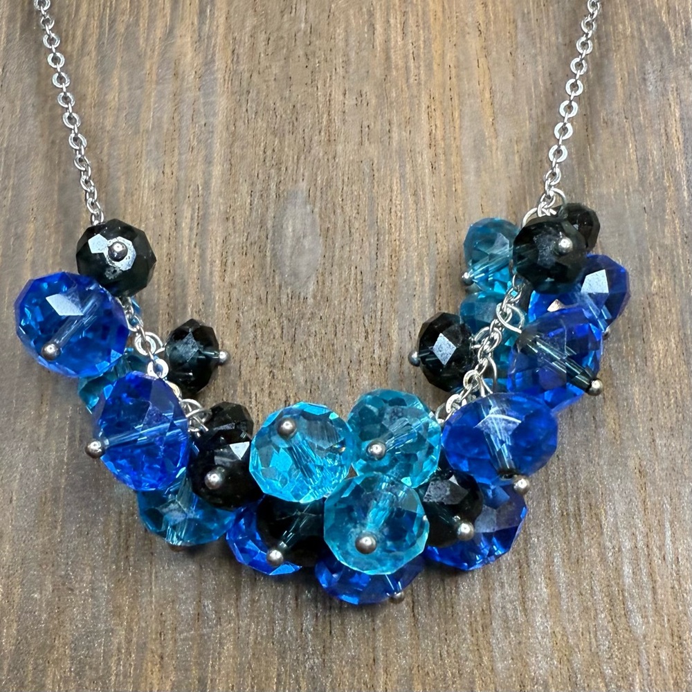 NECKLACE | Blues and Black Glass Baubles | Silver Chain | Extentable